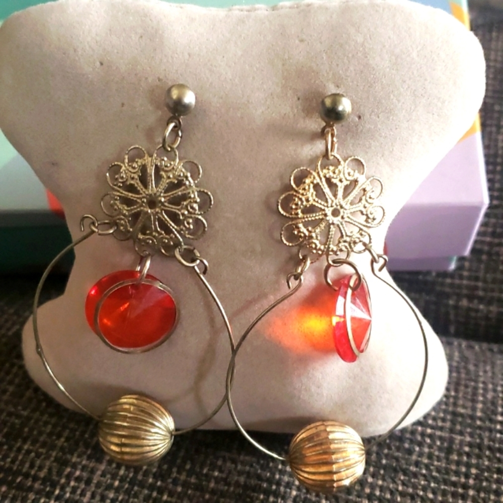 Elegant Gold and Red Dangle Earrings
